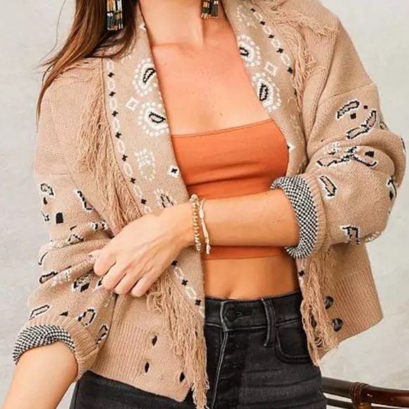 Hem & Thread  Aztec Fringe Cardigan Sweater Button Front – Boho Western Style - Picture 2 of 4